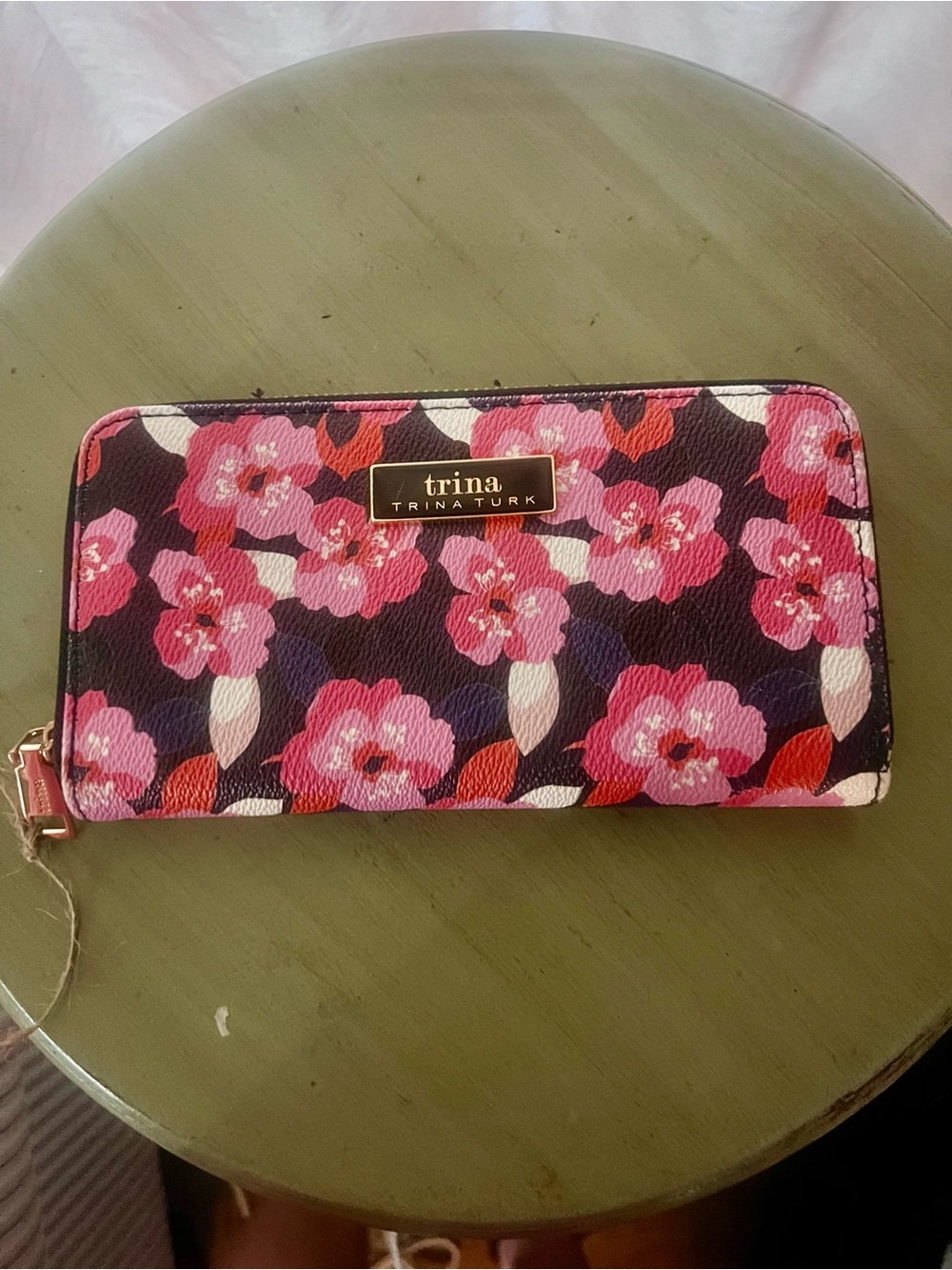Trina Turk Pink Floral Zip-Around Wallet with Gold Logo
